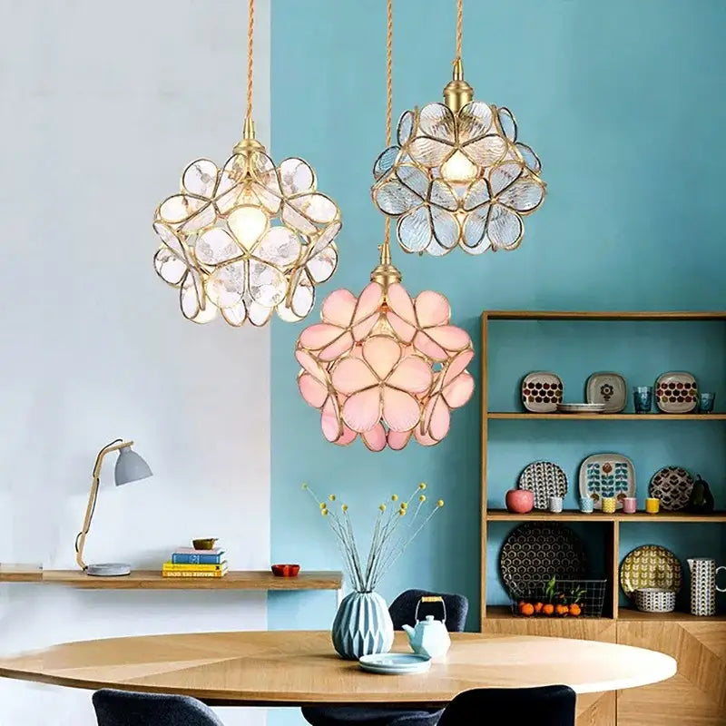 Handmade pink & teal glass petal pendant light bedroom flower lamp