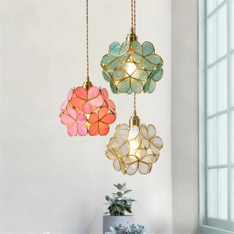 Handmade pink & teal glass petal pendant light bedroom flower lamp