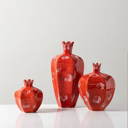 Handmade pomegranate ceramic vase set red & white living room decor