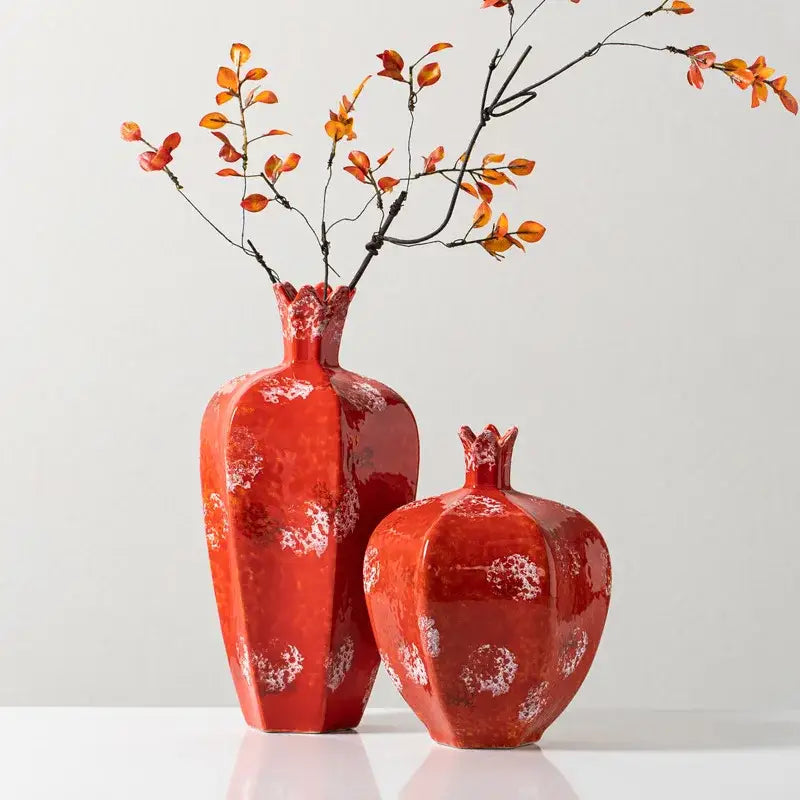 Handmade pomegranate ceramic vase set red & white living room decor