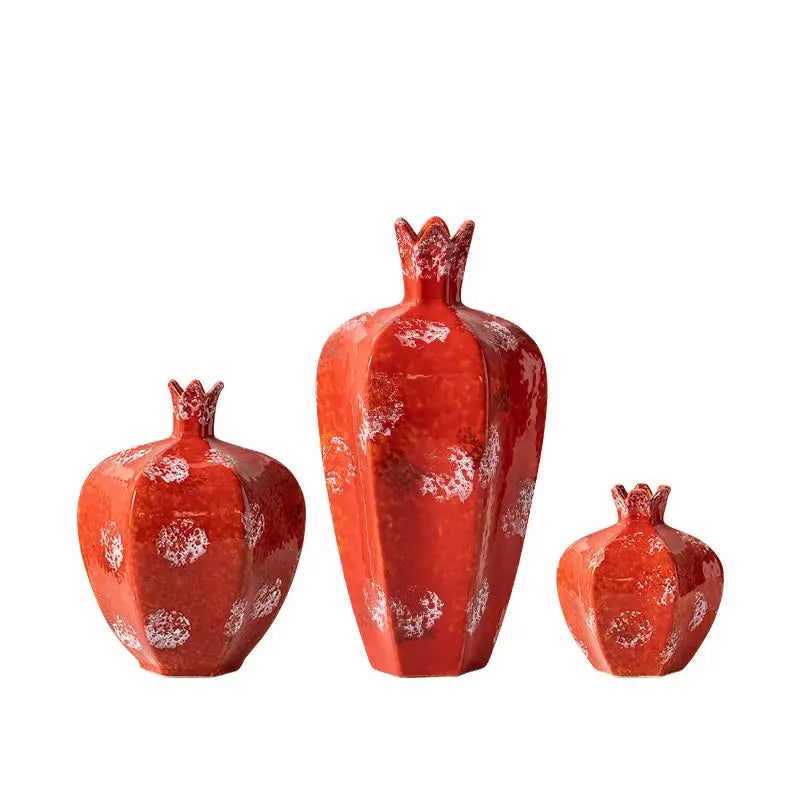 Handmade pomegranate ceramic vase set red & white living room decor