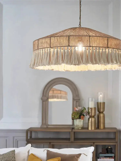 Handmade rattan pendant light with tassels for dining room