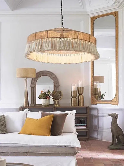Handmade rattan pendant light with tassels for dining room