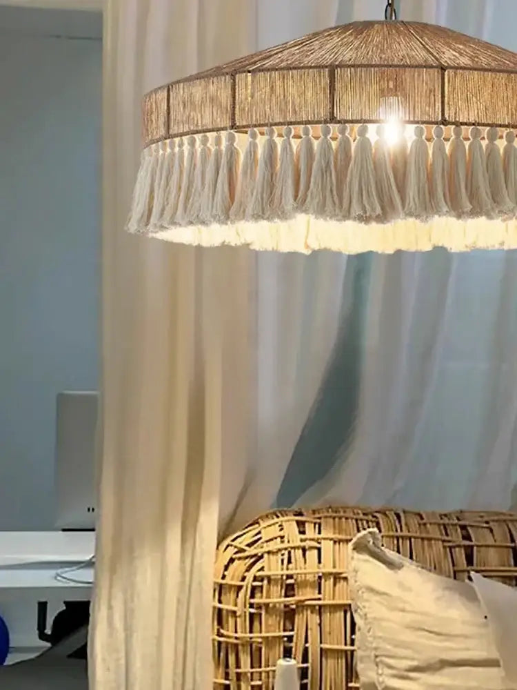 Handmade rattan pendant light with tassels for dining room