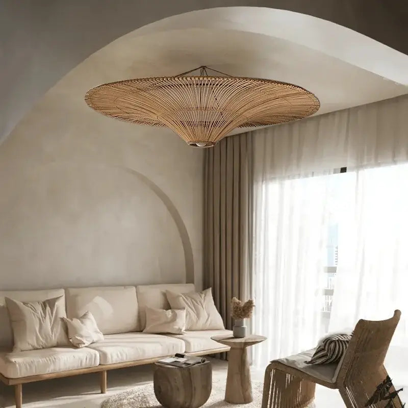 Handmade rattan wicker chandelier natural beige dining room pendant