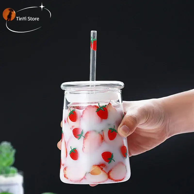 Handmade strawberry glass cup set kitchen pink milkshake tumbler