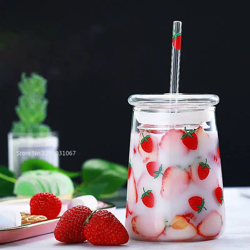 Handmade strawberry glass cup set kitchen pink milkshake tumbler