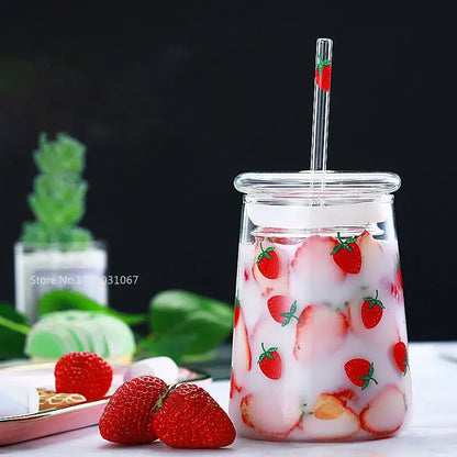 Handmade strawberry glass cup set kitchen pink milkshake tumbler