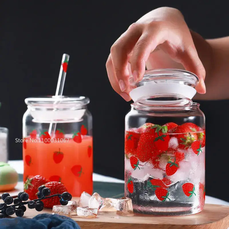 Handmade strawberry glass cup set kitchen pink milkshake tumbler