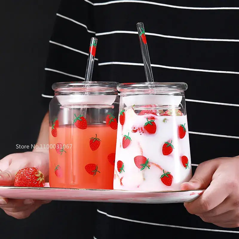 Handmade strawberry glass cup set kitchen pink milkshake tumbler