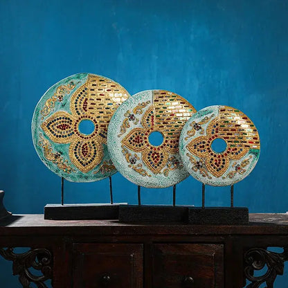 Handmade thai solid teal & gold mosaic tabletop decoration living room