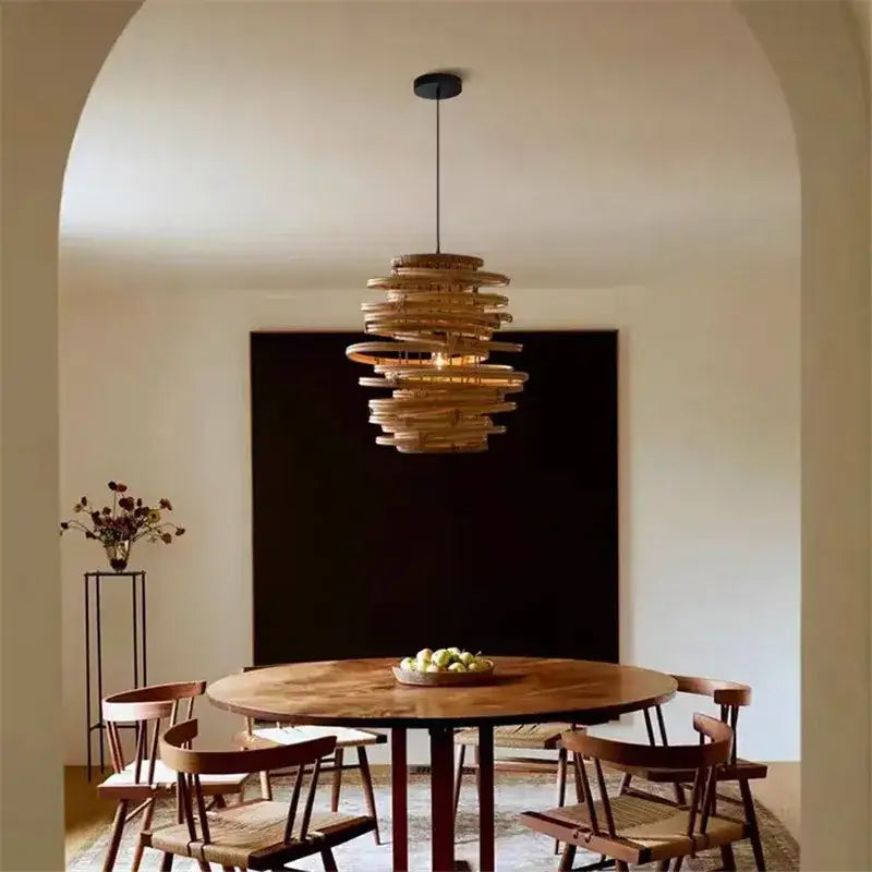 Handmade tiered bamboo birdnest pendant light bedroom spiral lamp