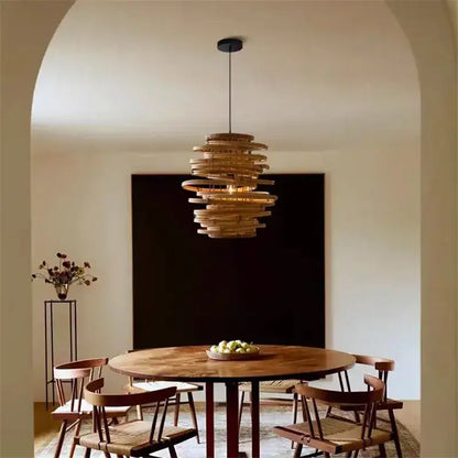 Handmade tiered bamboo birdnest pendant light bedroom spiral lamp