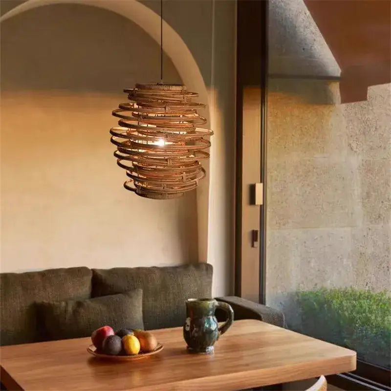 Handmade tiered bamboo birdnest pendant light bedroom spiral lamp