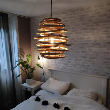 Handmade tiered bamboo birdnest pendant light bedroom spiral lamp