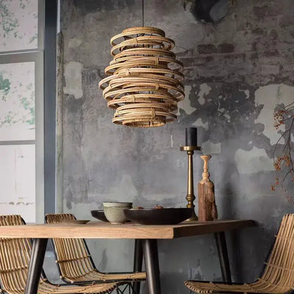 Handmade tiered bamboo birdnest pendant light bedroom spiral lamp