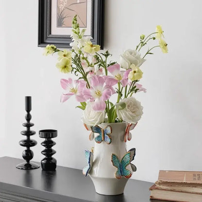 Handmade white butterfly ceramic vase living room floral decor