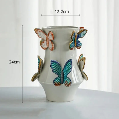 Handmade white butterfly ceramic vase living room floral decor
