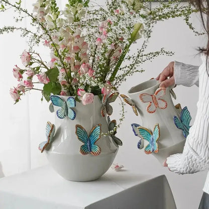 Handmade white butterfly ceramic vase living room floral decor