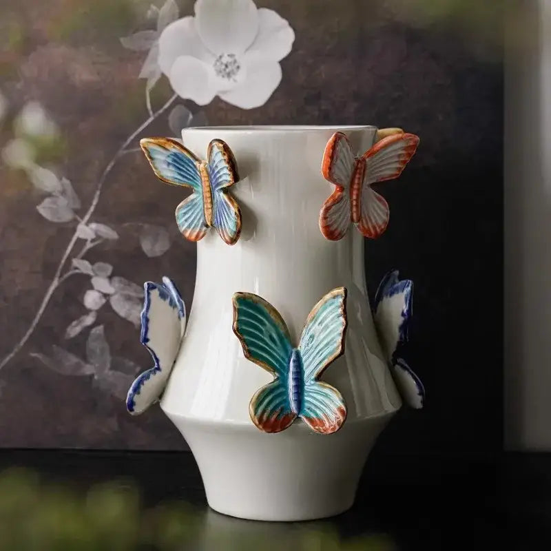 Handmade white butterfly ceramic vase living room floral decor