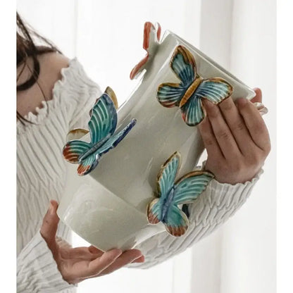 Handmade white butterfly ceramic vase living room floral decor