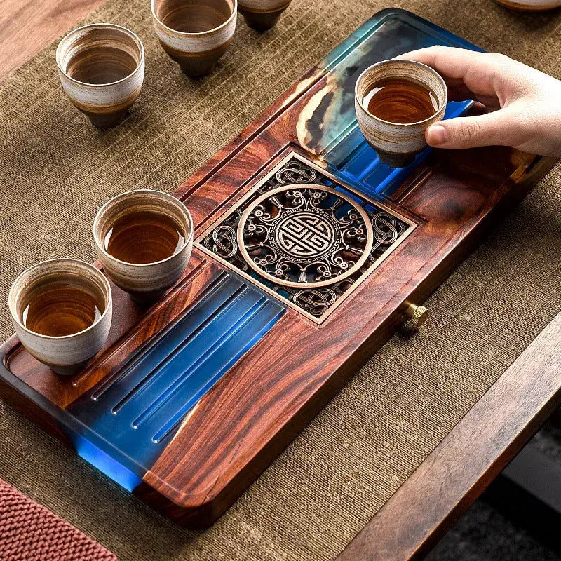 Handmade wood and blue resin tea tray dining room bubble tea table