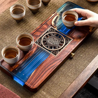 Handmade wood and blue resin tea tray dining room bubble tea table