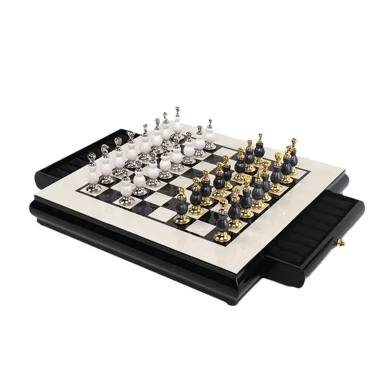 Handmade wooden chess set black & white marble games room decor