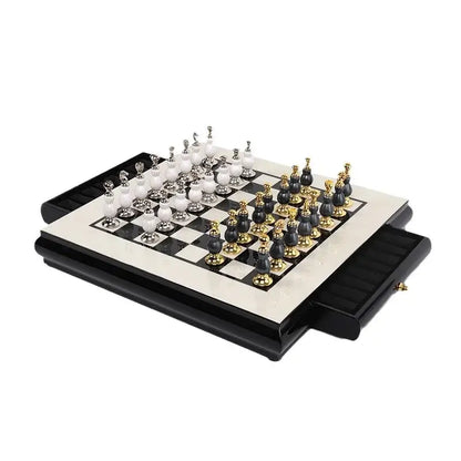 Handmade wooden chess set black & white marble games room decor