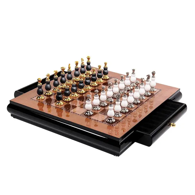 Handmade wooden chess set black & white marble games room decor