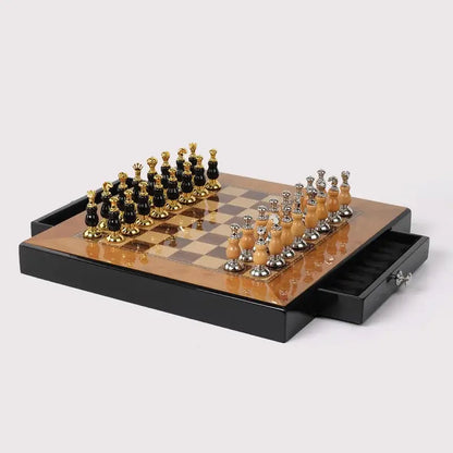 Handmade wooden chess set black & white marble games room decor