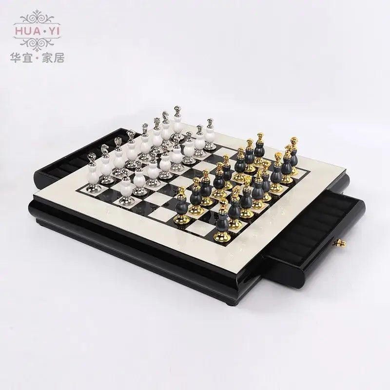 Handmade wooden chess set black & white marble games room decor