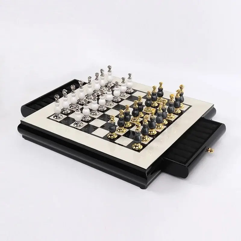 Handmade wooden chess set black & white marble games room decor