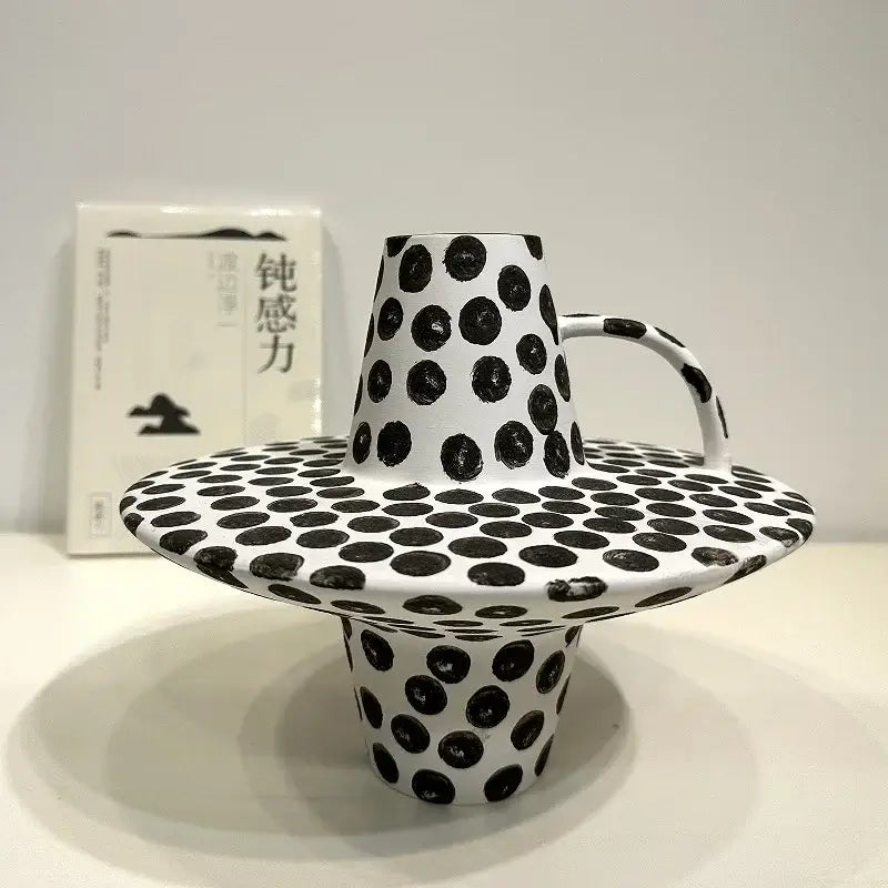 Handpainted black & white dots ceramic mug and saucer kitchen set