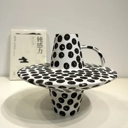 Handpainted black & white dots ceramic mug and saucer kitchen set