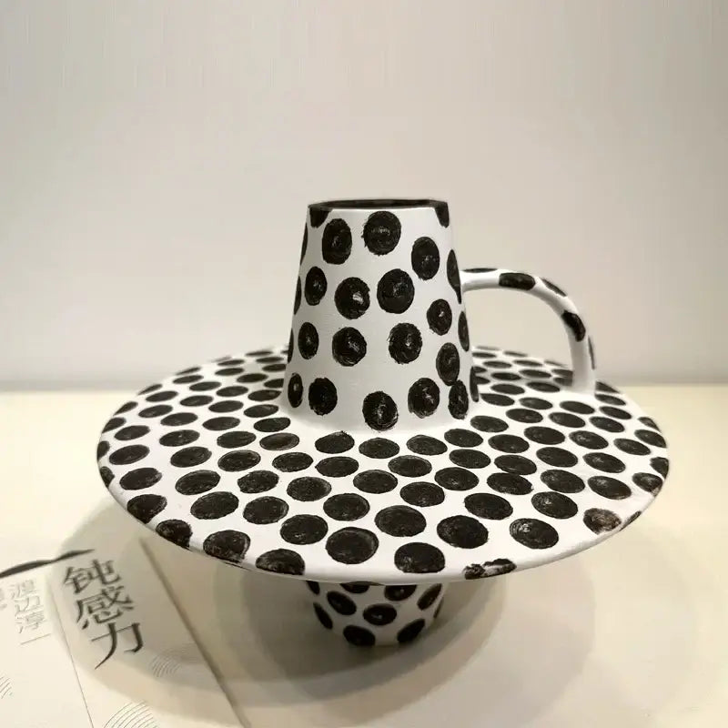 Handpainted black & white dots ceramic mug and saucer kitchen set