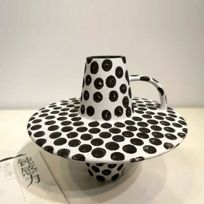 Handpainted black & white dots ceramic mug and saucer kitchen set