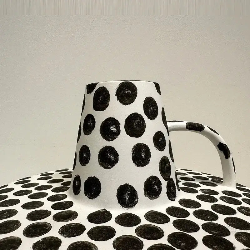 Handpainted black & white dots ceramic mug and saucer kitchen set