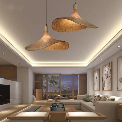 Handwoven bamboo pendant chandelier living room natural wood light