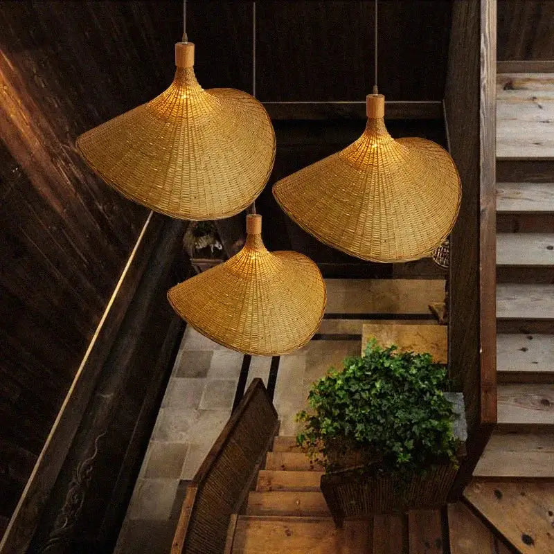 Handwoven bamboo pendant chandelier living room natural wood light