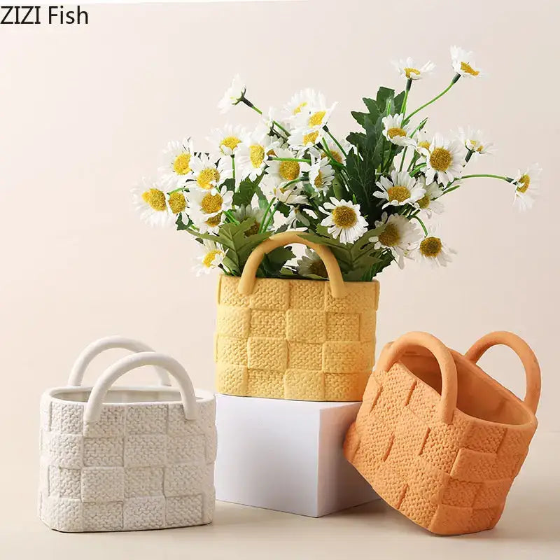 Handwoven ceramic vase orange woven basket planter living room decor