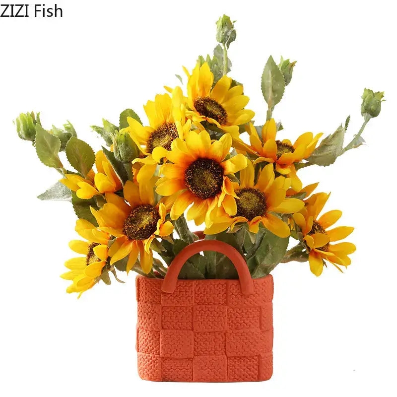Handwoven ceramic vase orange woven basket planter living room decor