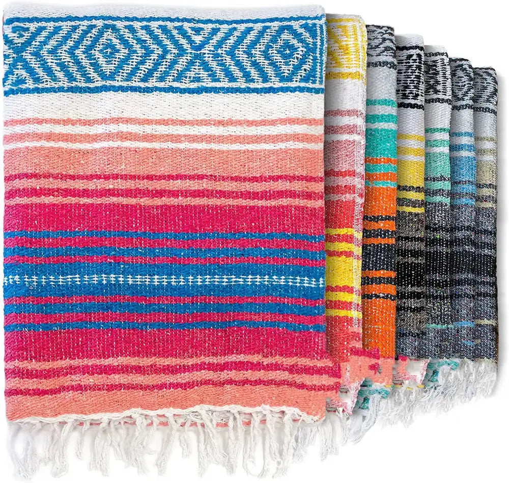 Handwoven mexican blanket pink & blue geometric beach shawl bedroom decor