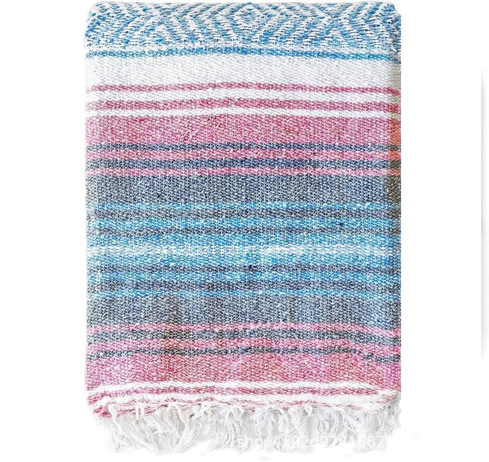 Handwoven mexican blanket pink & blue geometric beach shawl bedroom decor