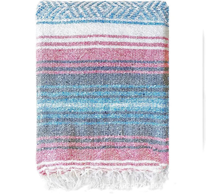 Handwoven mexican blanket pink & blue geometric beach shawl bedroom decor