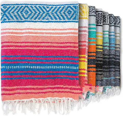 Handwoven mexican blanket pink & blue geometric beach shawl bedroom decor