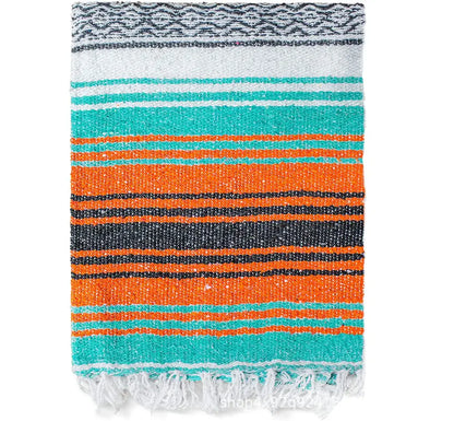 Handwoven mexican blanket pink & blue geometric beach shawl bedroom decor