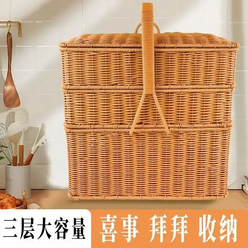 Handwoven rattan picnic basket with lid rectangular outdoor storage