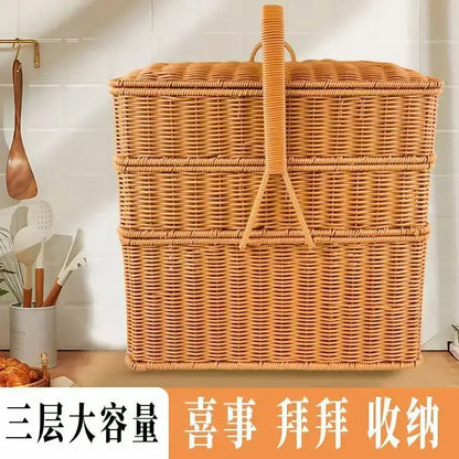 Handwoven rattan picnic basket with lid rectangular outdoor storage