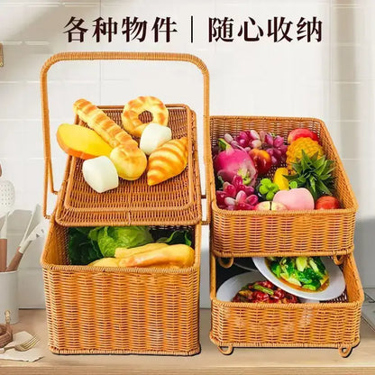 Handwoven rattan picnic basket with lid rectangular outdoor storage
